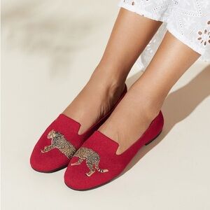 Vivaia Audrey classic red loafer with leopard embroidery